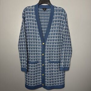 Talbots Womens Merino Wool V Cardigan M Blue Plaid Textured Old Money Preppy